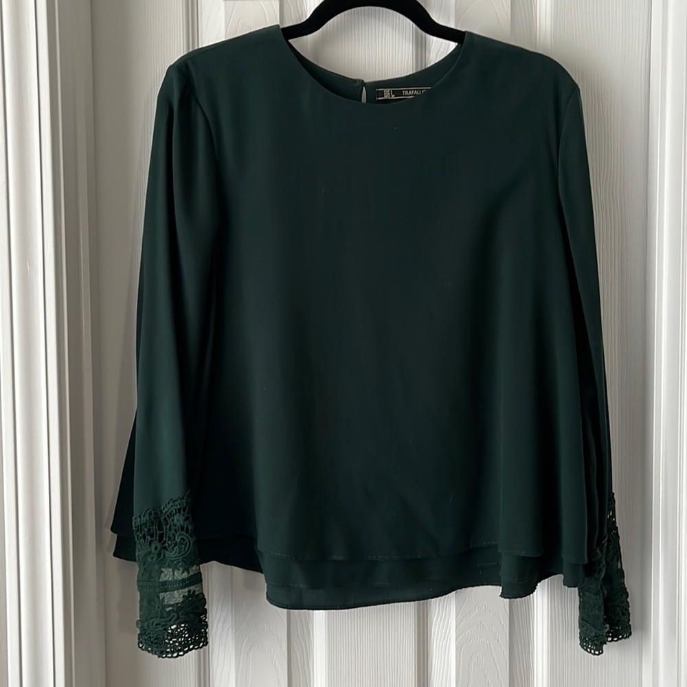 Zara Trafaluc Embroidered Sleeve Green Blouse